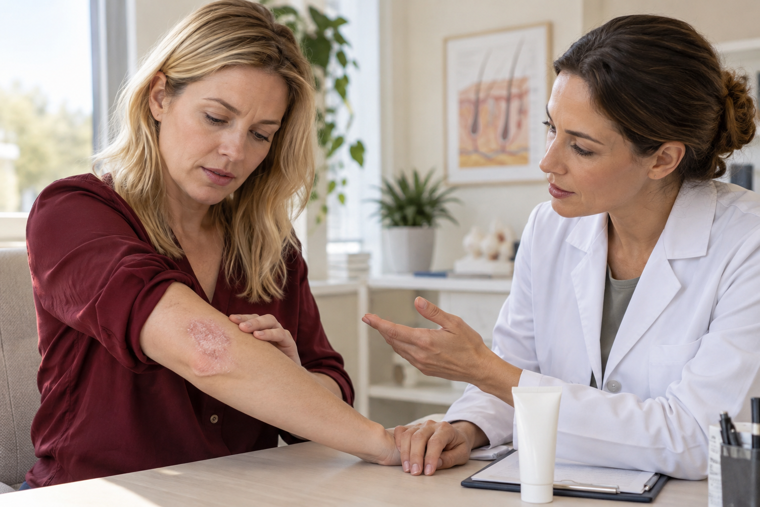 Sedef plağı için dermatologla görüşen, kolundaki lezyonu gösteren sarışın yetişkin kadın